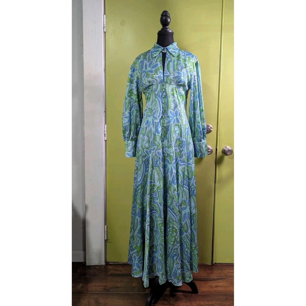 Modern Retro Psychedelic Maxi Dress Blue Green Mod Boho Hostess Medium